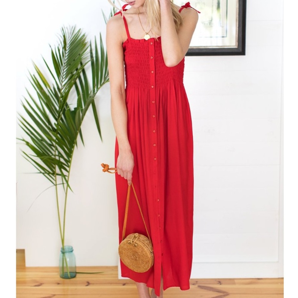 Emerson Fry Santiago Sun Dress- Bright Red smocked top tie shoulder midi